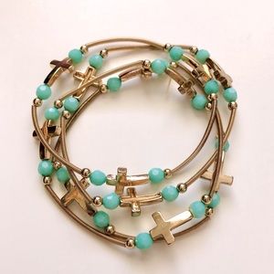 Cross and Turquoise Bead Stretch Bracelet Set of 4